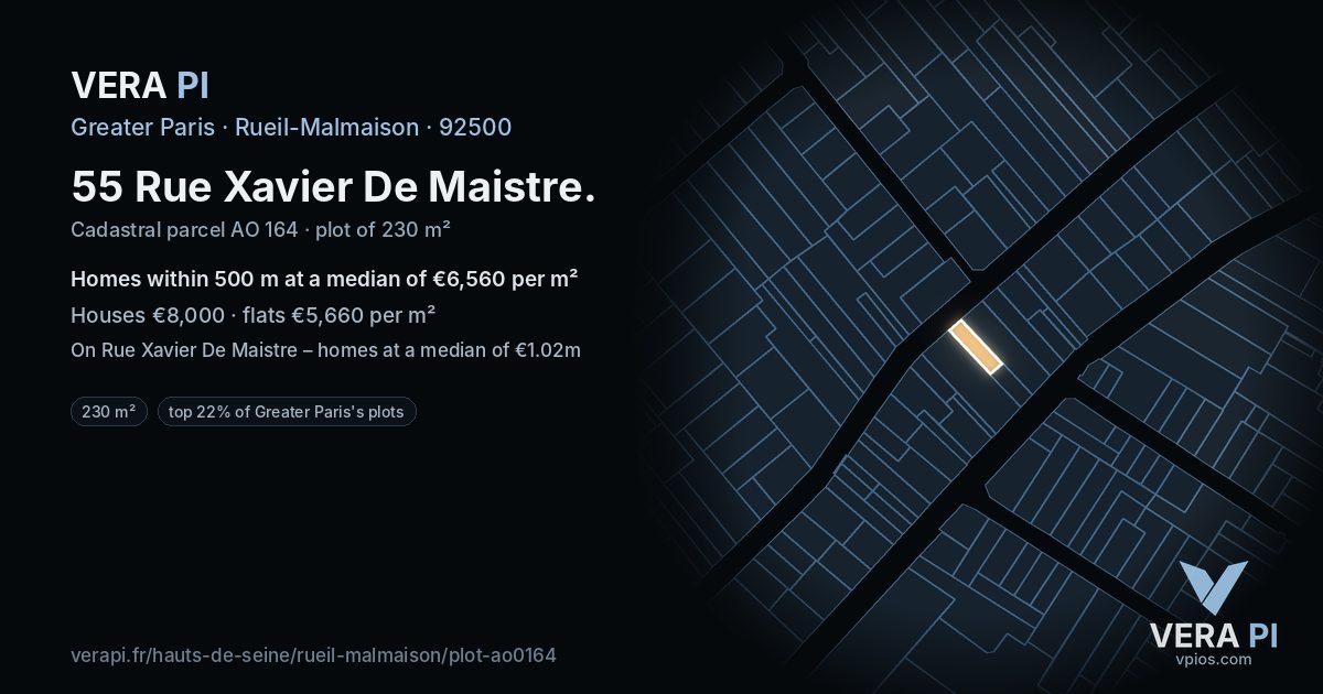 55 Rue Xavier De Maistre, Rueil-Malmaison at night – the plot lit, the parcels around coloured by the prices near them