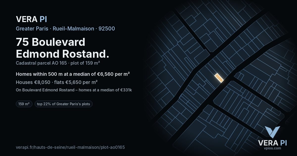 75 Boulevard Edmond Rostand, Rueil-Malmaison at night – the plot lit, the parcels around coloured by the prices near them