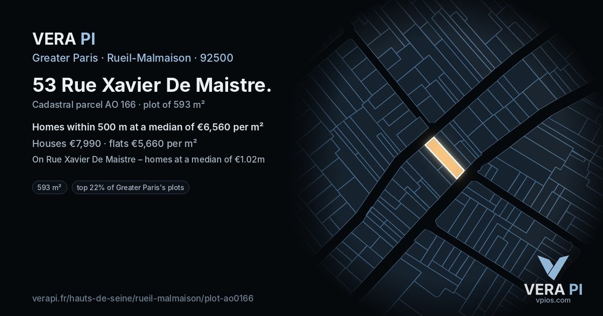 53 Rue Xavier De Maistre, Rueil-Malmaison at night – the plot lit, the parcels around coloured by the prices near them