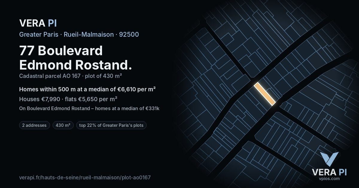 77 Boulevard Edmond Rostand, Rueil-Malmaison at night – the plot lit, the parcels around coloured by the prices near them