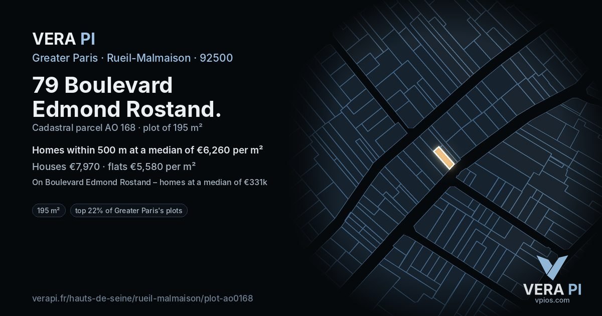 79 Boulevard Edmond Rostand, Rueil-Malmaison at night – the plot lit, the parcels around coloured by the prices near them