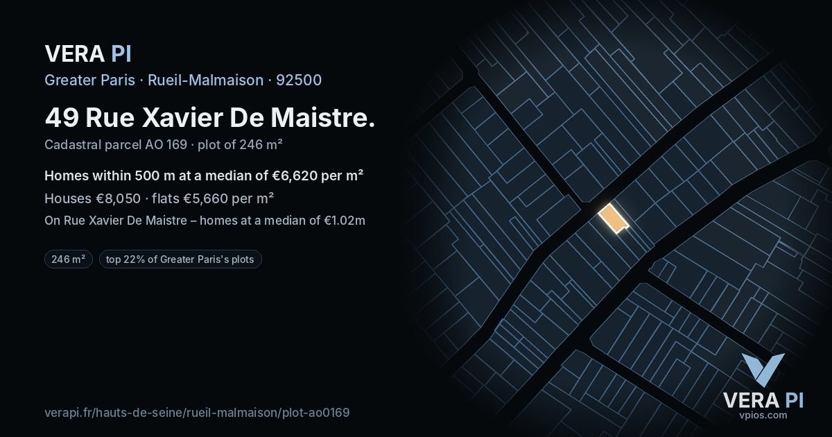 49 Rue Xavier De Maistre, Rueil-Malmaison at night – the plot lit, the parcels around coloured by the prices near them