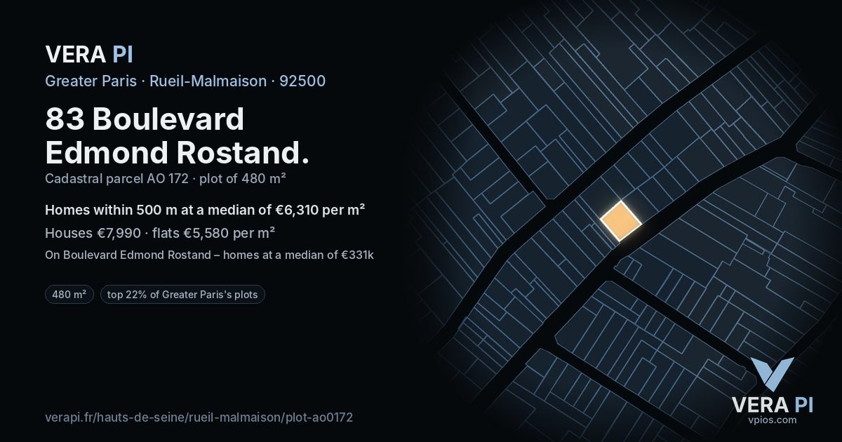 83 Boulevard Edmond Rostand, Rueil-Malmaison at night – the plot lit, the parcels around coloured by the prices near them