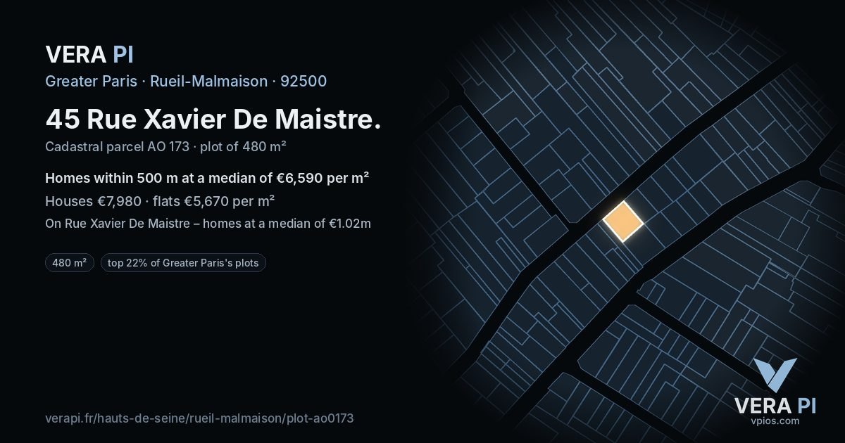 45 Rue Xavier De Maistre, Rueil-Malmaison at night – the plot lit, the parcels around coloured by the prices near them