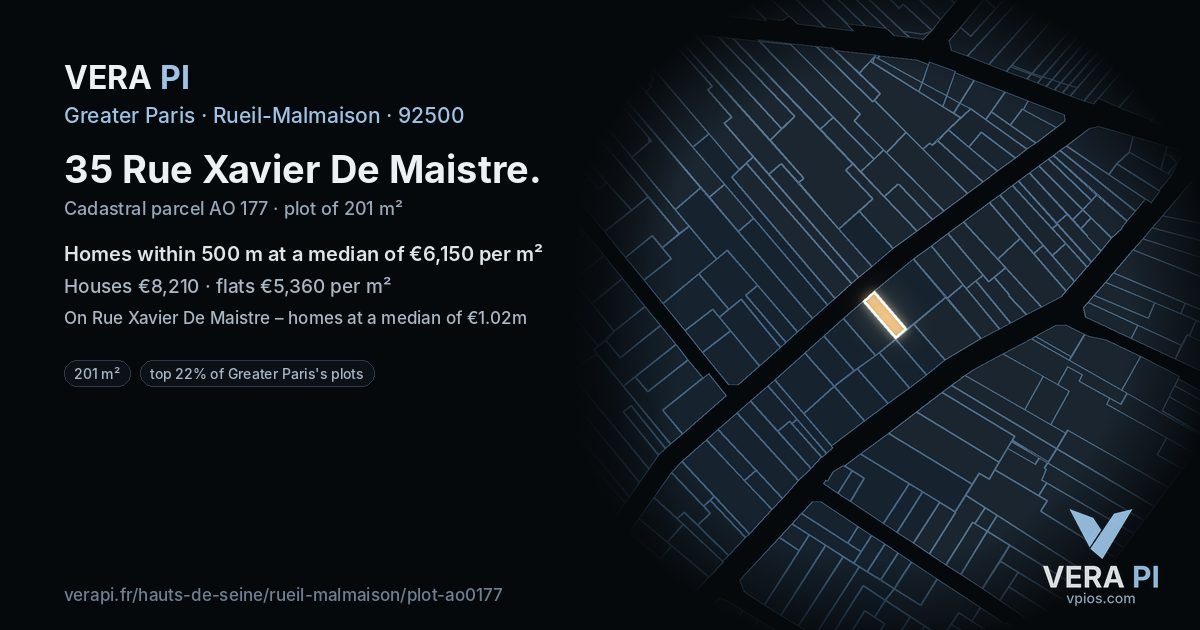35 Rue Xavier De Maistre, Rueil-Malmaison at night – the plot lit, the parcels around coloured by the prices near them