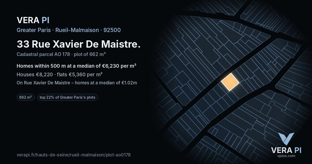33 Rue Xavier De Maistre, Rueil-Malmaison at night – the plot lit, the parcels around coloured by the prices near them