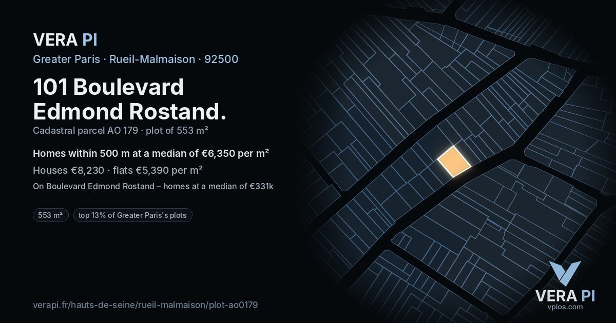 101 Boulevard Edmond Rostand, Rueil-Malmaison at night – the plot lit, the parcels around coloured by the prices near them