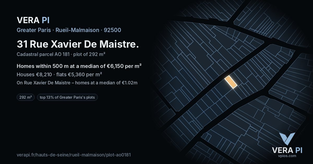 31 Rue Xavier De Maistre, Rueil-Malmaison at night – the plot lit, the parcels around coloured by the prices near them