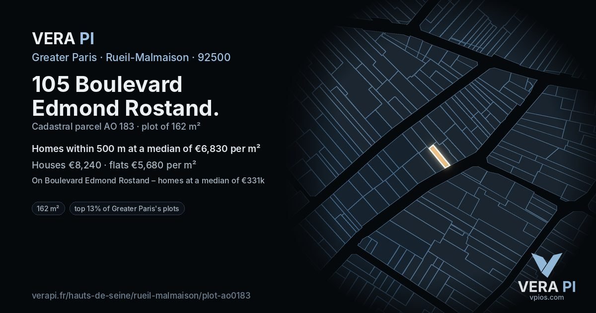 105 Boulevard Edmond Rostand, Rueil-Malmaison at night – the plot lit, the parcels around coloured by the prices near them