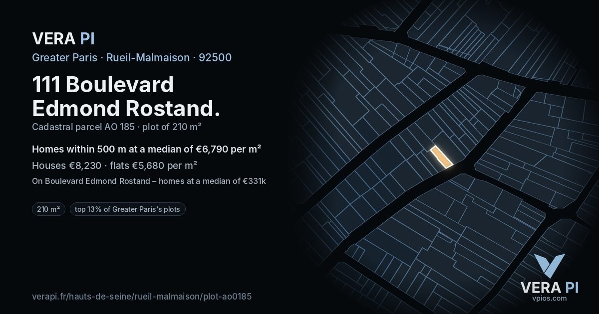 111 Boulevard Edmond Rostand, Rueil-Malmaison at night – the plot lit, the parcels around coloured by the prices near them