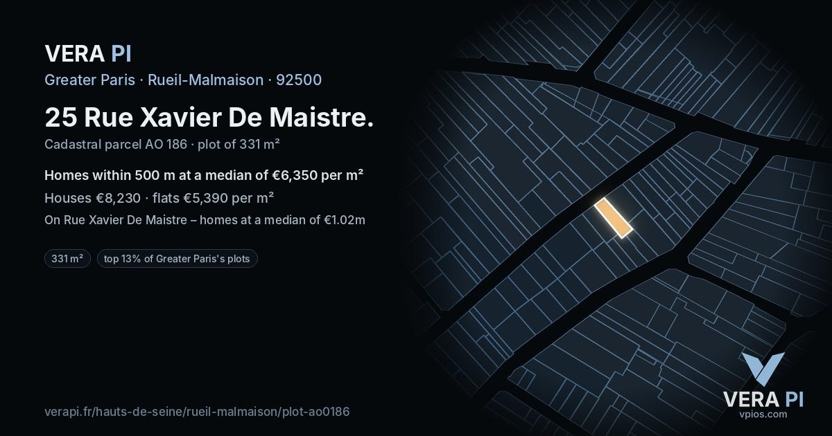 25 Rue Xavier De Maistre, Rueil-Malmaison at night – the plot lit, the parcels around coloured by the prices near them