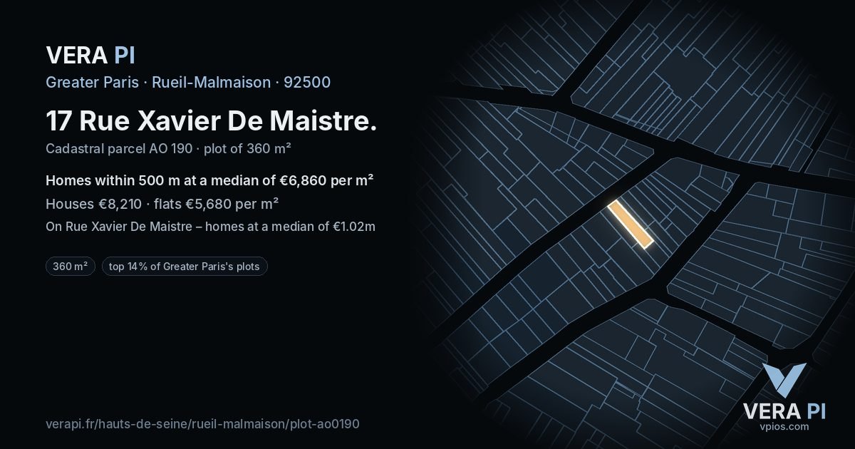 17 Rue Xavier De Maistre, Rueil-Malmaison at night – the plot lit, the parcels around coloured by the prices near them