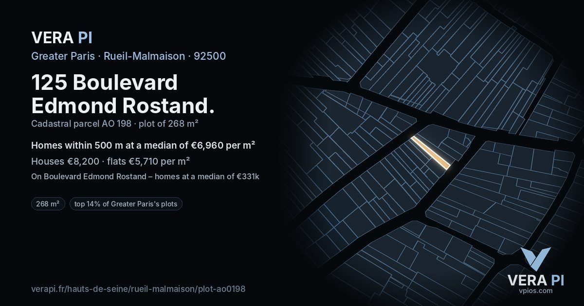 125 Boulevard Edmond Rostand, Rueil-Malmaison at night – the plot lit, the parcels around coloured by the prices near them