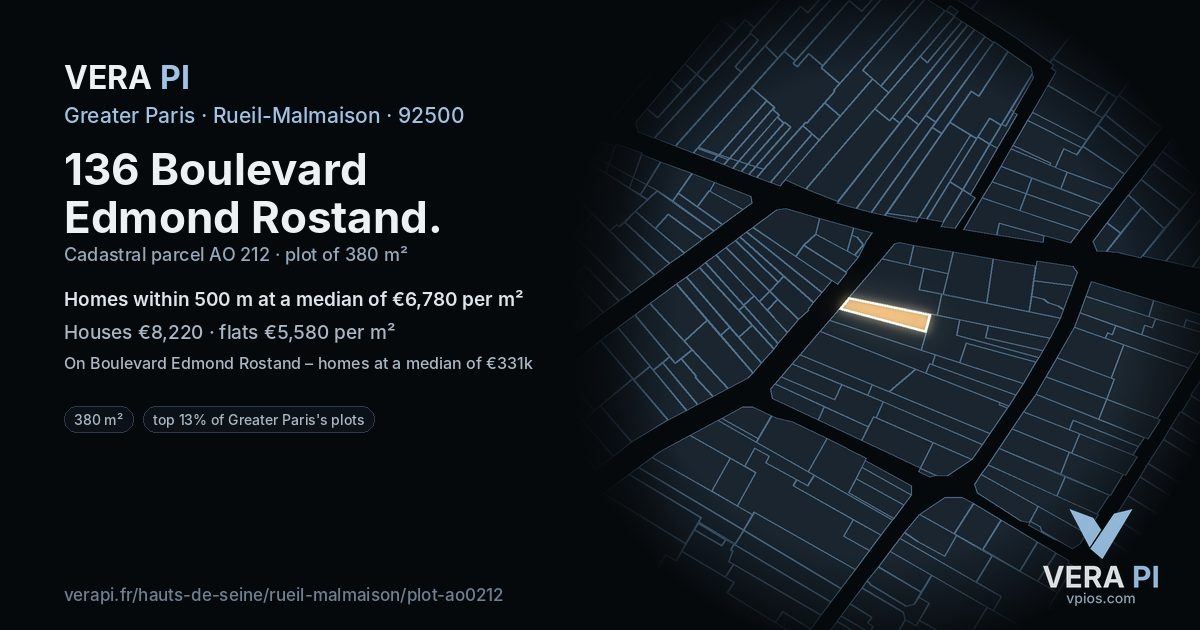 136 Boulevard Edmond Rostand, Rueil-Malmaison at night – the plot lit, the parcels around coloured by the prices near them