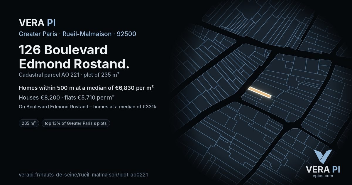 126 Boulevard Edmond Rostand, Rueil-Malmaison at night – the plot lit, the parcels around coloured by the prices near them
