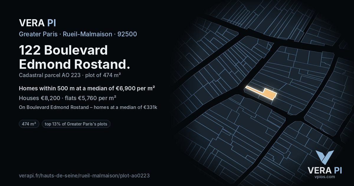 122 Boulevard Edmond Rostand, Rueil-Malmaison at night – the plot lit, the parcels around coloured by the prices near them