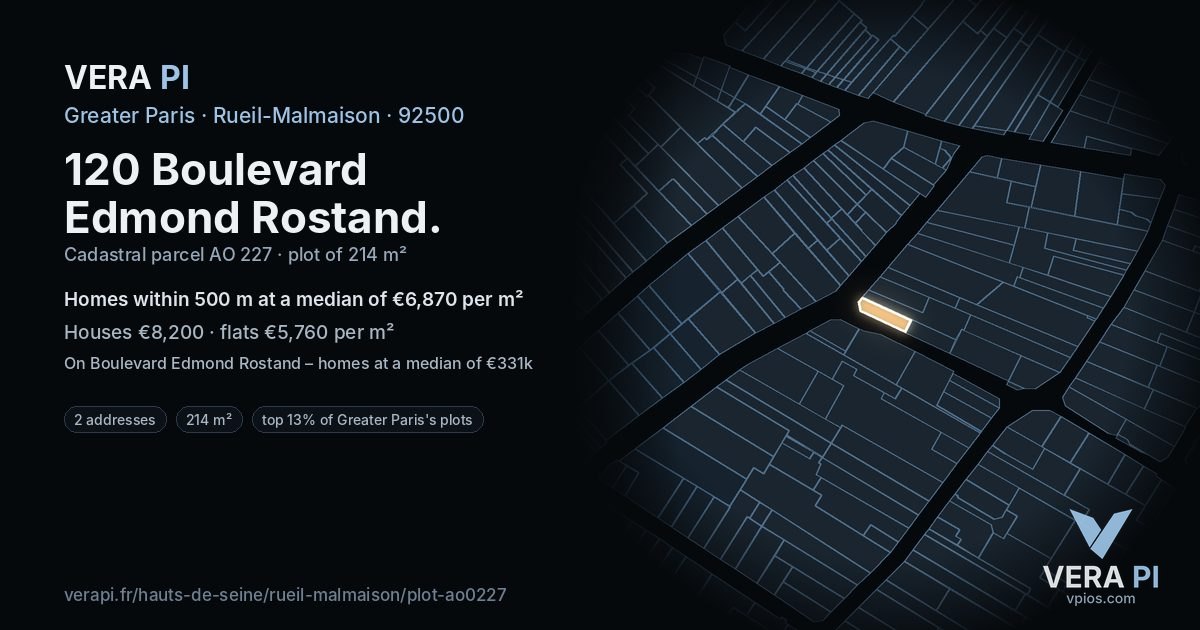120 Boulevard Edmond Rostand, Rueil-Malmaison at night – the plot lit, the parcels around coloured by the prices near them