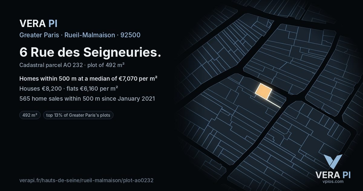 6 Rue des Seigneuries, Rueil-Malmaison at night – the plot lit, the parcels around coloured by the prices near them
