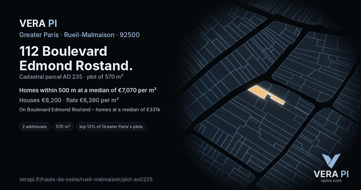 112 Boulevard Edmond Rostand, Rueil-Malmaison at night – the plot lit, the parcels around coloured by the prices near them