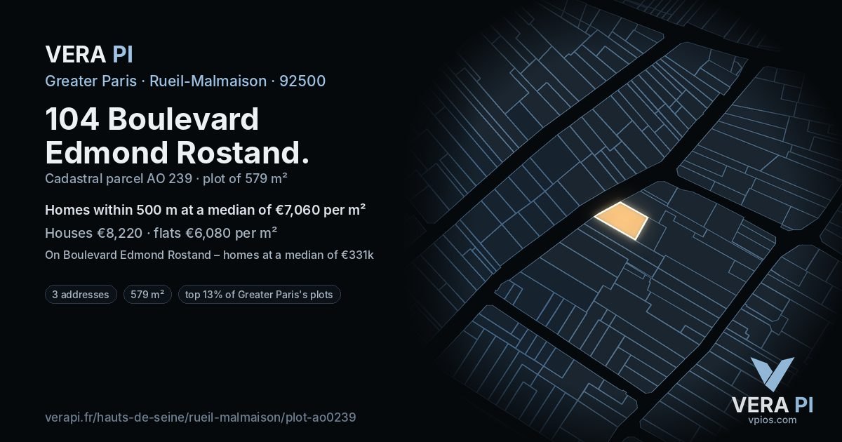104 Boulevard Edmond Rostand, Rueil-Malmaison at night – the plot lit, the parcels around coloured by the prices near them