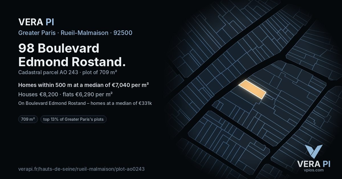98 Boulevard Edmond Rostand, Rueil-Malmaison at night – the plot lit, the parcels around coloured by the prices near them