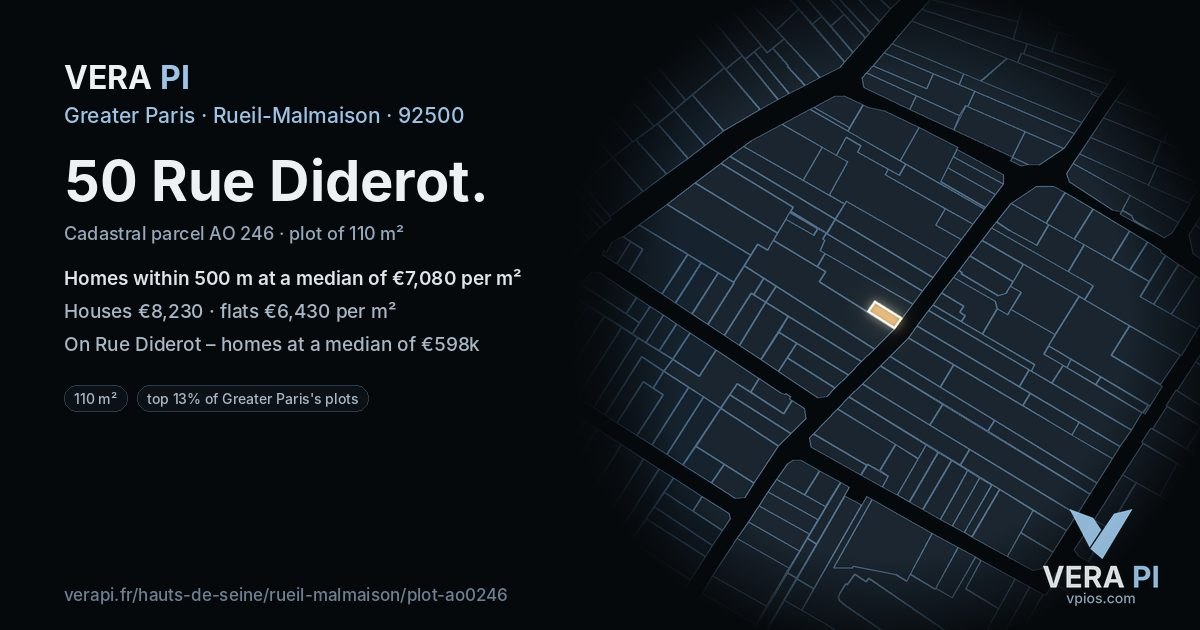 50 Rue Diderot, Rueil-Malmaison at night – the plot lit, the parcels around coloured by the prices near them