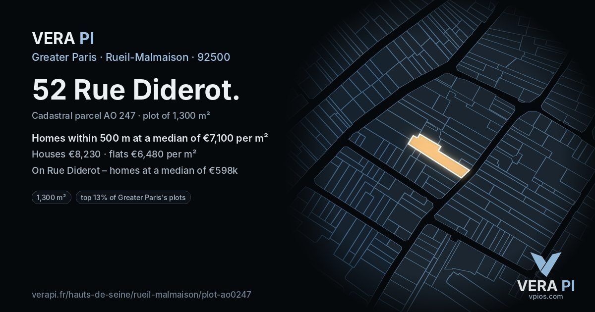 52 Rue Diderot, Rueil-Malmaison at night – the plot lit, the parcels around coloured by the prices near them