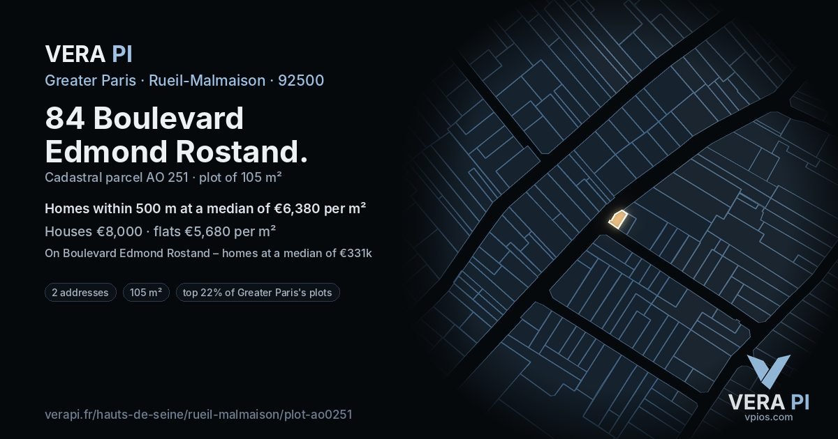 84 Boulevard Edmond Rostand, Rueil-Malmaison at night – the plot lit, the parcels around coloured by the prices near them