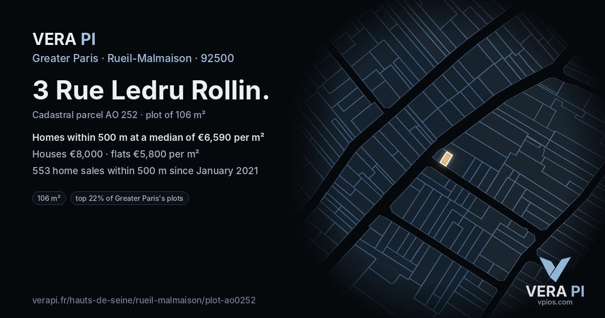 3 Rue Ledru Rollin, Rueil-Malmaison at night – the plot lit, the parcels around coloured by the prices near them