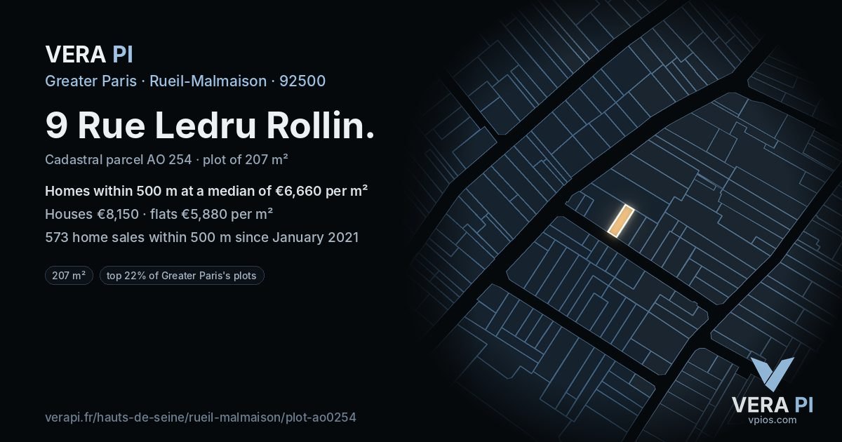 9 Rue Ledru Rollin, Rueil-Malmaison at night – the plot lit, the parcels around coloured by the prices near them