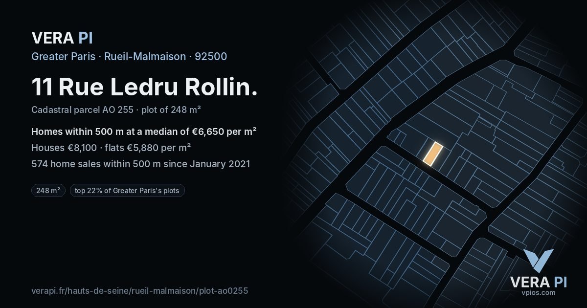 11 Rue Ledru Rollin, Rueil-Malmaison at night – the plot lit, the parcels around coloured by the prices near them