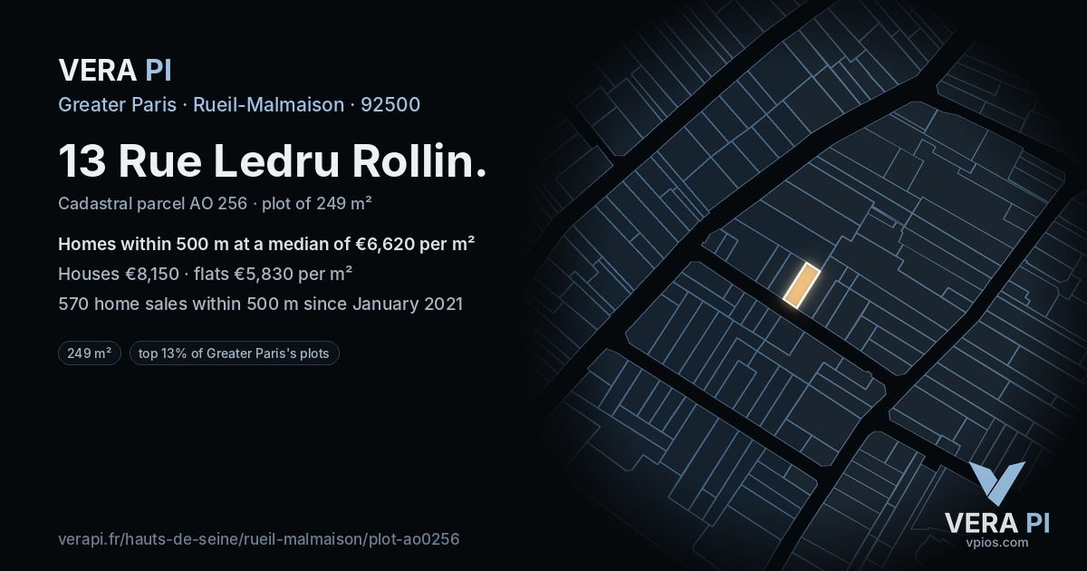 13 Rue Ledru Rollin, Rueil-Malmaison at night – the plot lit, the parcels around coloured by the prices near them