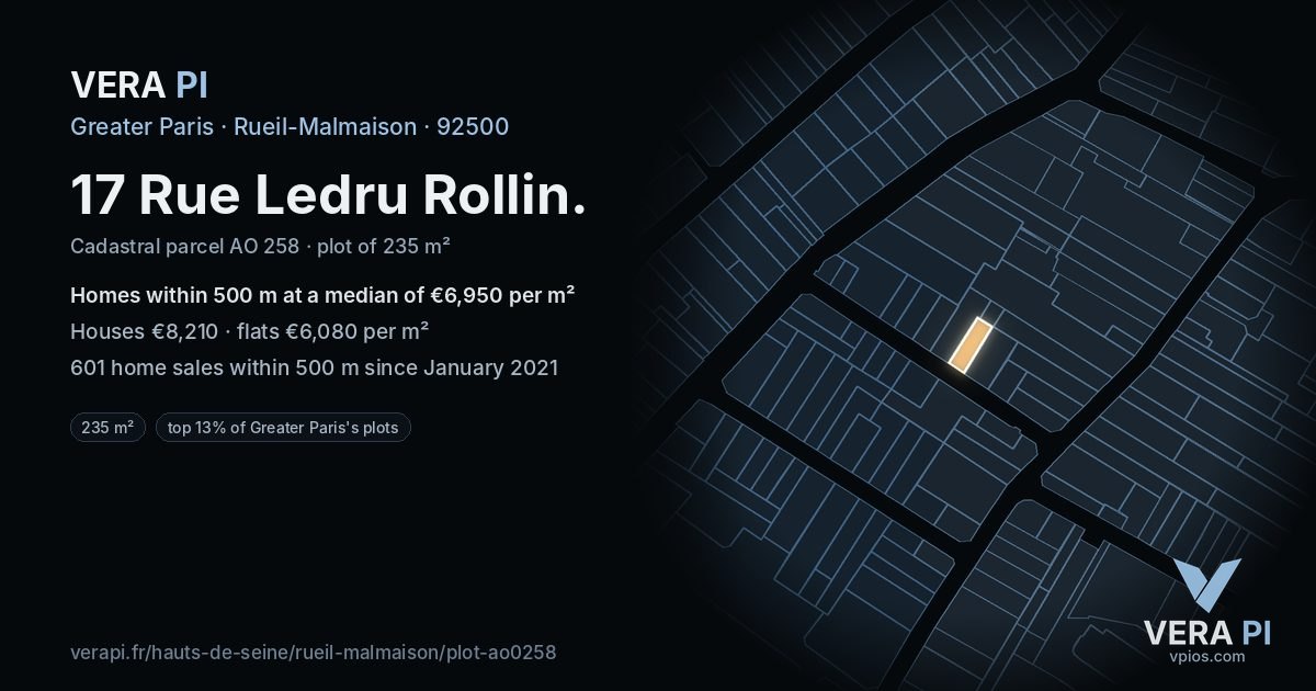 17 Rue Ledru Rollin, Rueil-Malmaison at night – the plot lit, the parcels around coloured by the prices near them