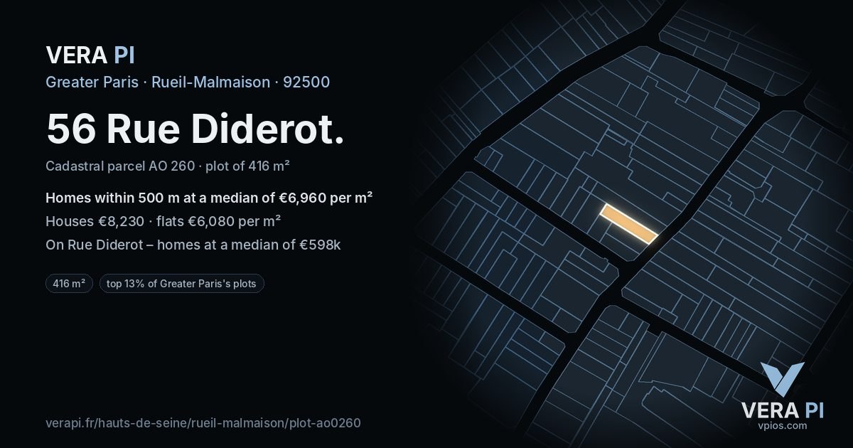 56 Rue Diderot, Rueil-Malmaison at night – the plot lit, the parcels around coloured by the prices near them