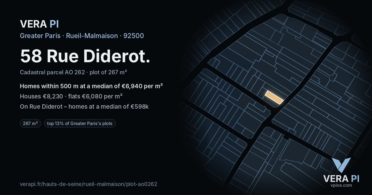 58 Rue Diderot, Rueil-Malmaison at night – the plot lit, the parcels around coloured by the prices near them