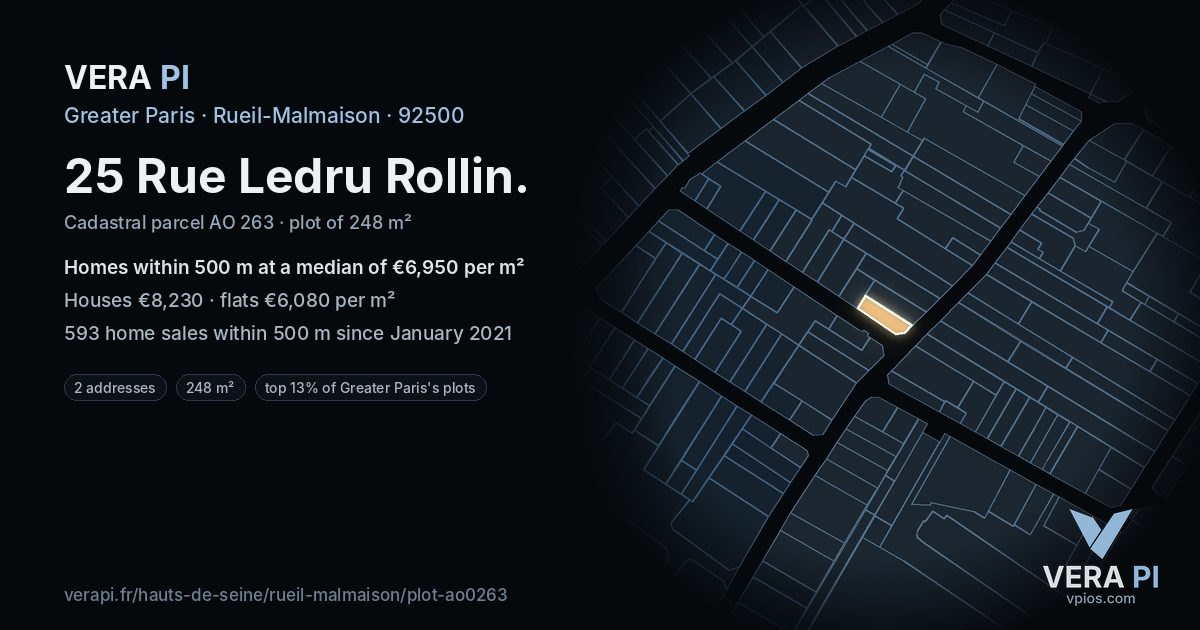 25 Rue Ledru Rollin, Rueil-Malmaison at night – the plot lit, the parcels around coloured by the prices near them