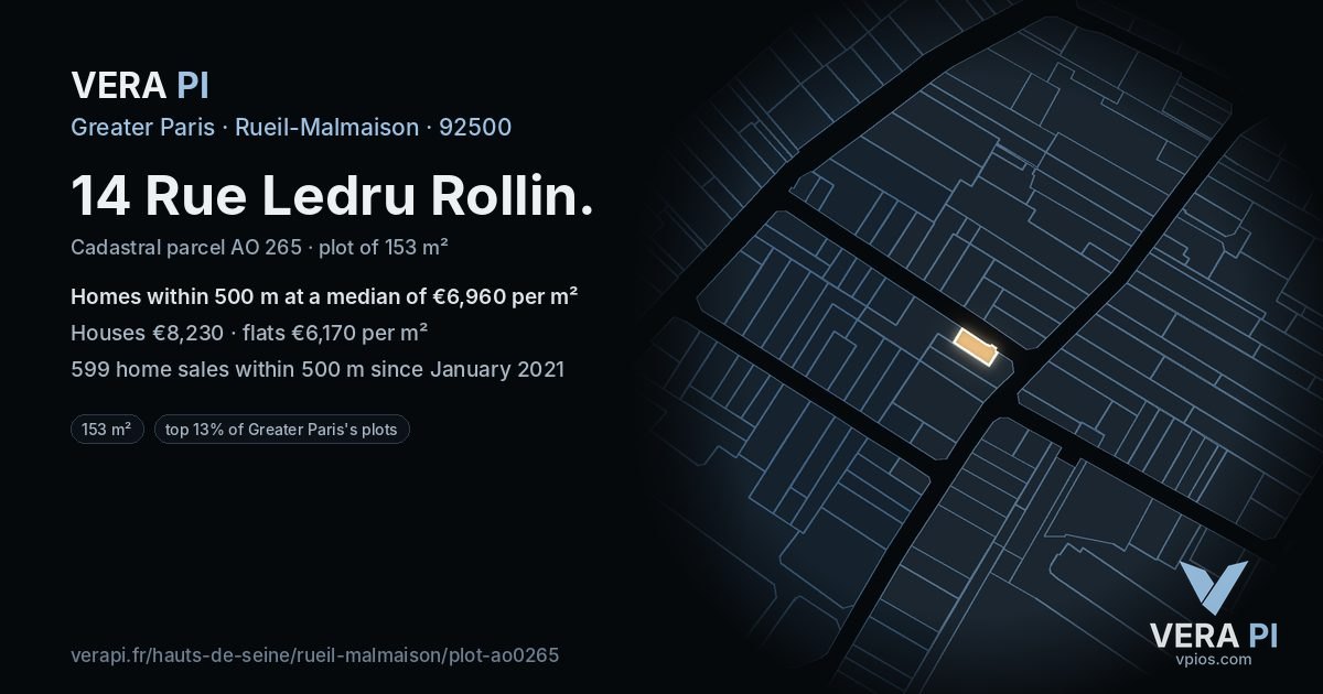 14 Rue Ledru Rollin, Rueil-Malmaison at night – the plot lit, the parcels around coloured by the prices near them
