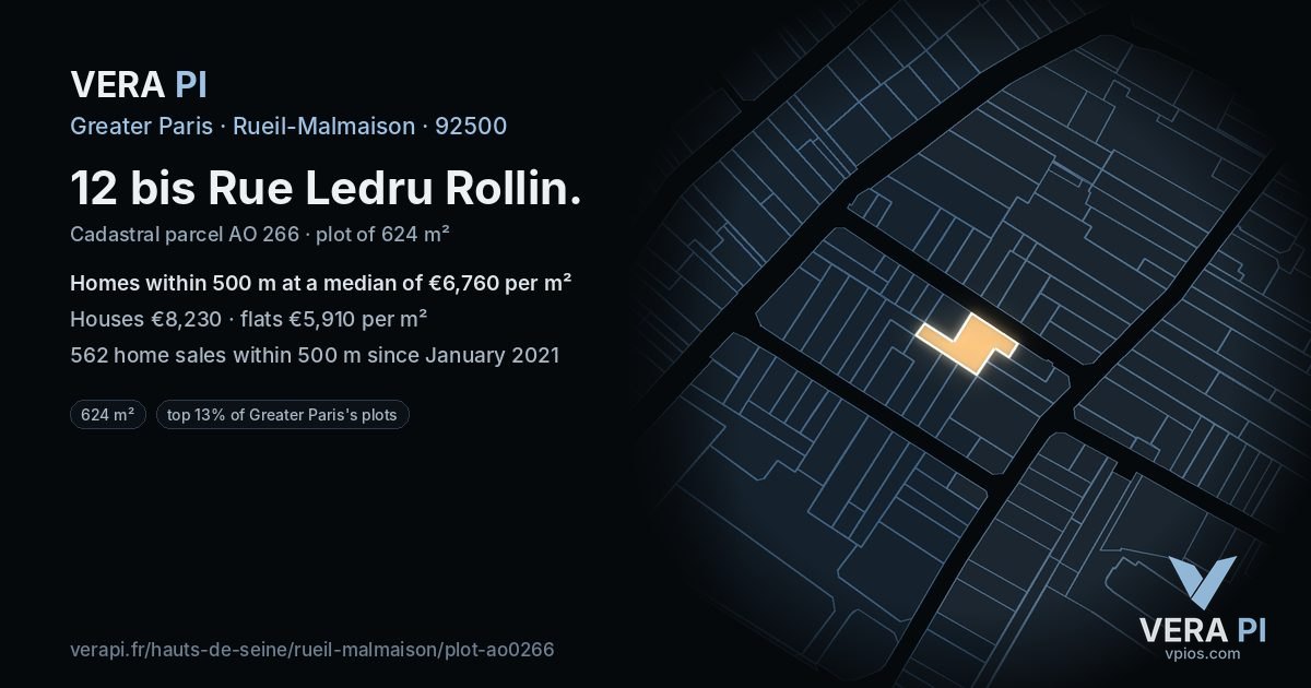 12 bis Rue Ledru Rollin, Rueil-Malmaison at night – the plot lit, the parcels around coloured by the prices near them