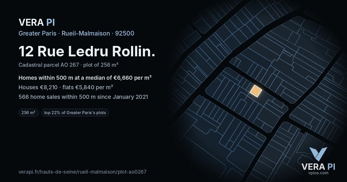 12 Rue Ledru Rollin, Rueil-Malmaison at night – the plot lit, the parcels around coloured by the prices near them