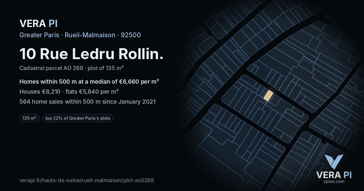 10 Rue Ledru Rollin, Rueil-Malmaison at night – the plot lit, the parcels around coloured by the prices near them