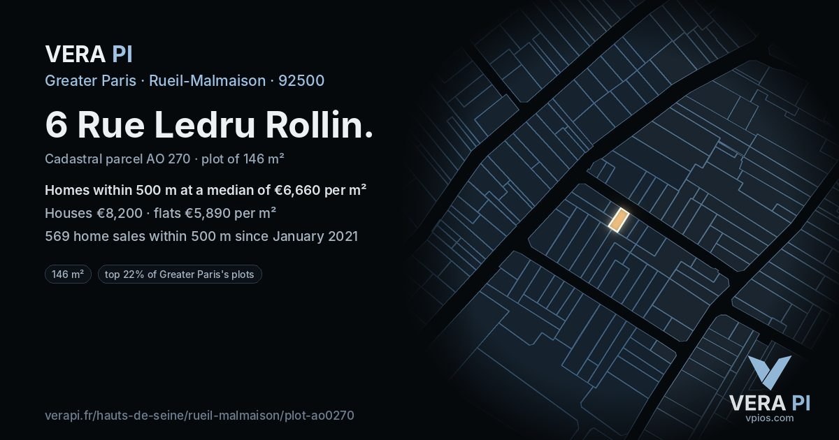 6 Rue Ledru Rollin, Rueil-Malmaison at night – the plot lit, the parcels around coloured by the prices near them