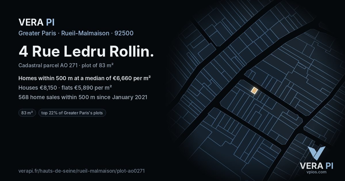 4 Rue Ledru Rollin, Rueil-Malmaison at night – the plot lit, the parcels around coloured by the prices near them