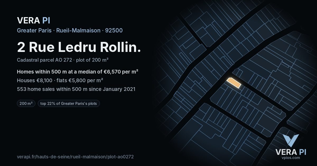 2 Rue Ledru Rollin, Rueil-Malmaison at night – the plot lit, the parcels around coloured by the prices near them