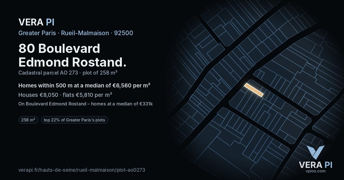 80 Boulevard Edmond Rostand, Rueil-Malmaison at night – the plot lit, the parcels around coloured by the prices near them