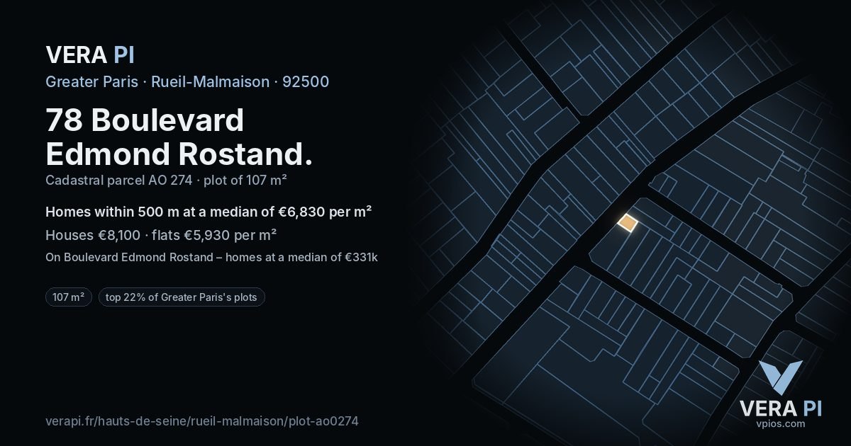 78 Boulevard Edmond Rostand, Rueil-Malmaison at night – the plot lit, the parcels around coloured by the prices near them