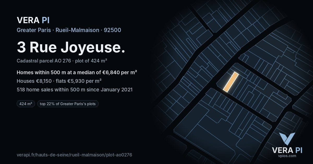 3 Rue Joyeuse, Rueil-Malmaison at night – the plot lit, the parcels around coloured by the prices near them