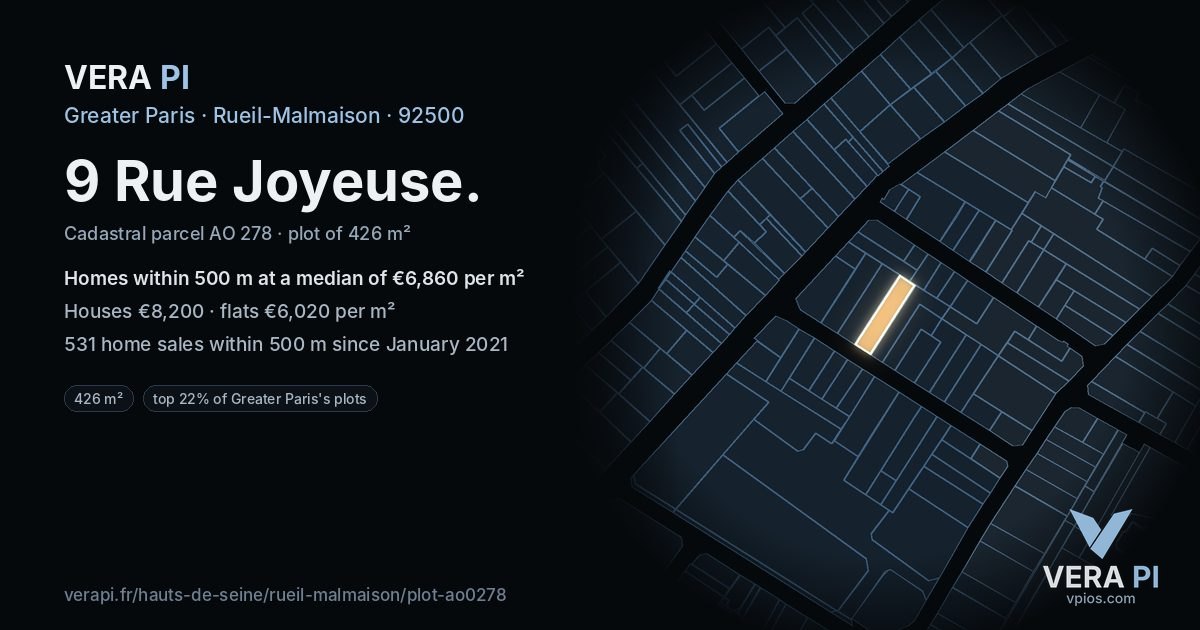 9 Rue Joyeuse, Rueil-Malmaison at night – the plot lit, the parcels around coloured by the prices near them