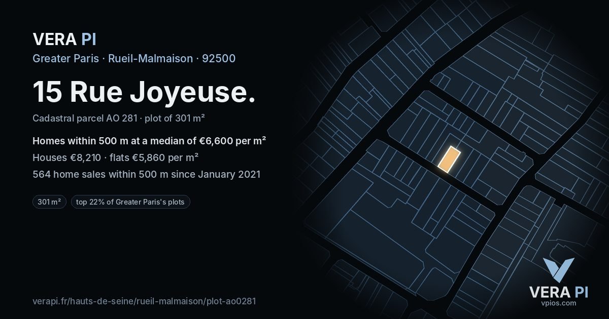 15 Rue Joyeuse, Rueil-Malmaison at night – the plot lit, the parcels around coloured by the prices near them