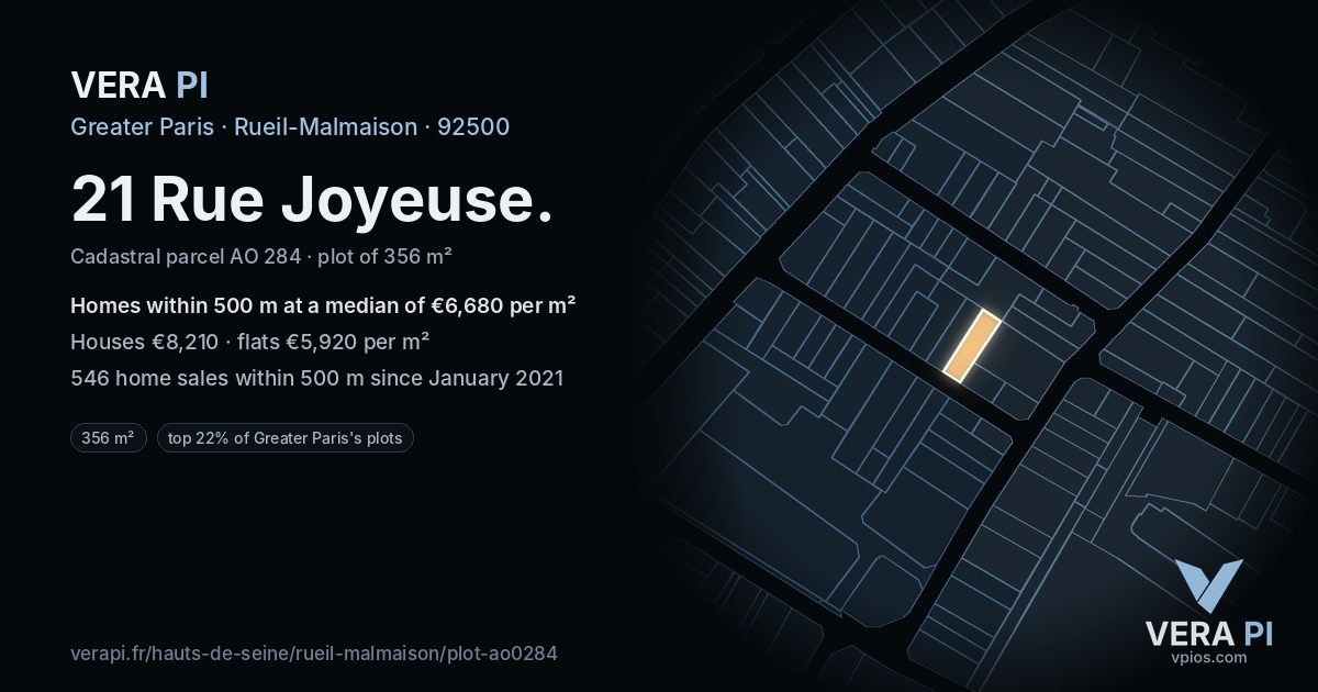 21 Rue Joyeuse, Rueil-Malmaison at night – the plot lit, the parcels around coloured by the prices near them
