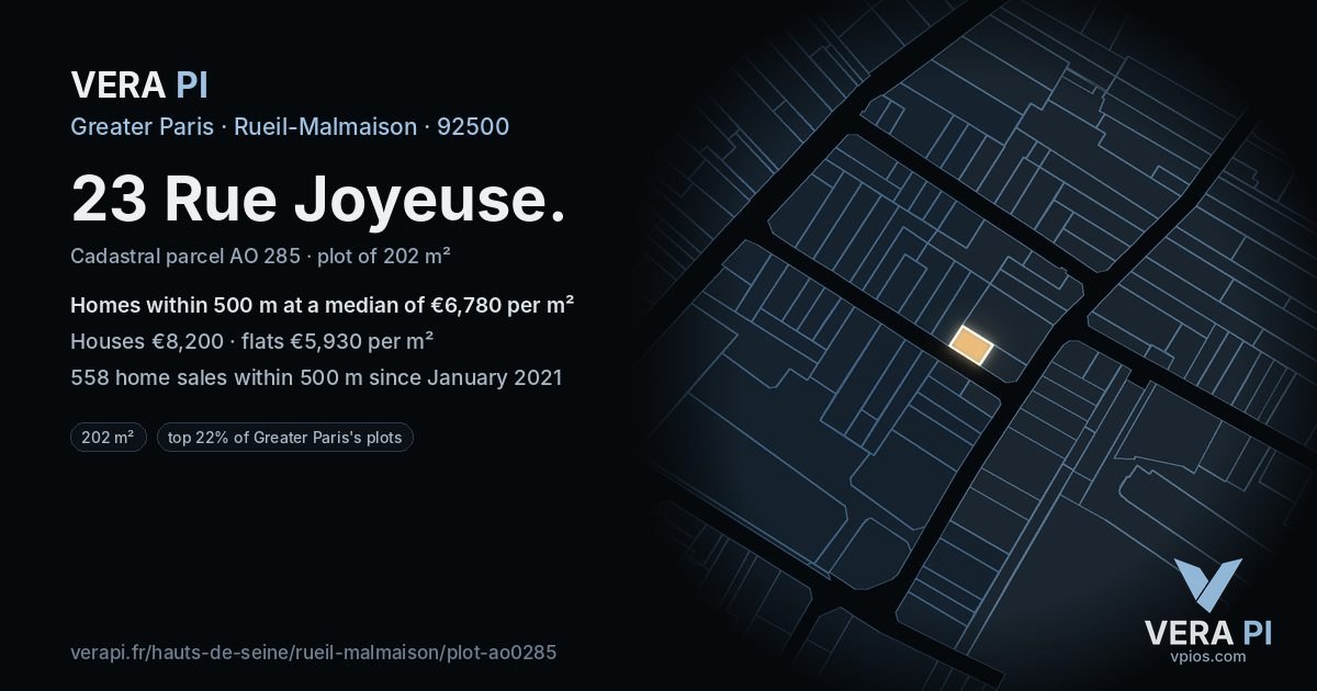 23 Rue Joyeuse, Rueil-Malmaison at night – the plot lit, the parcels around coloured by the prices near them